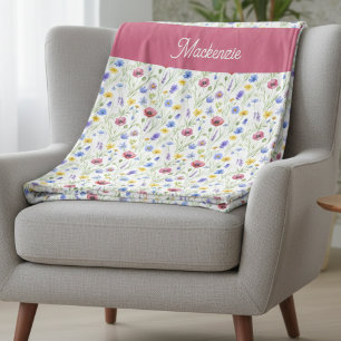 Blue Pink Wildflower Botanical Custom Name Fleece Blanket