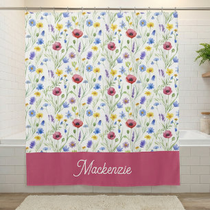 Blue Pink Wildflower Botanical Custom Name  Shower Curtain