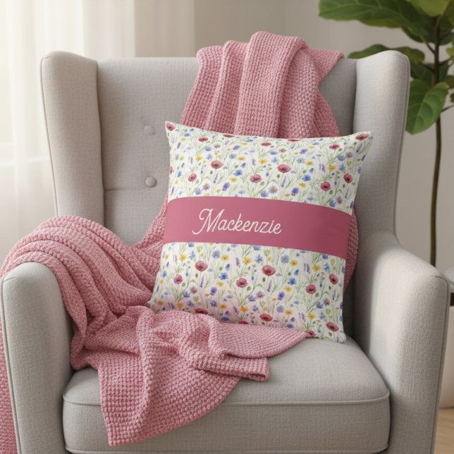 Blue Pink Wildflower Botanical Monogram Name Throw Pillow (Creator Uploaded)