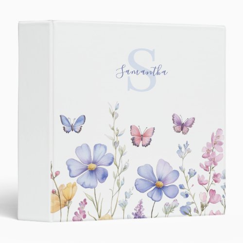 Blue Pink Wildflower Butterfly Monogram Name  3 Ring Binder