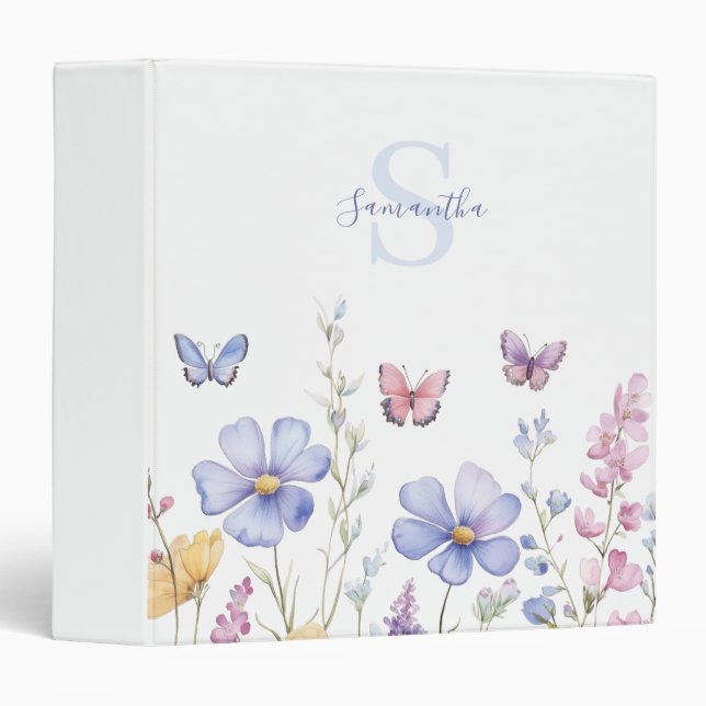 Blue Pink Wildflower Butterfly Monogram Name  3 Ring Binder (Front/Spine)