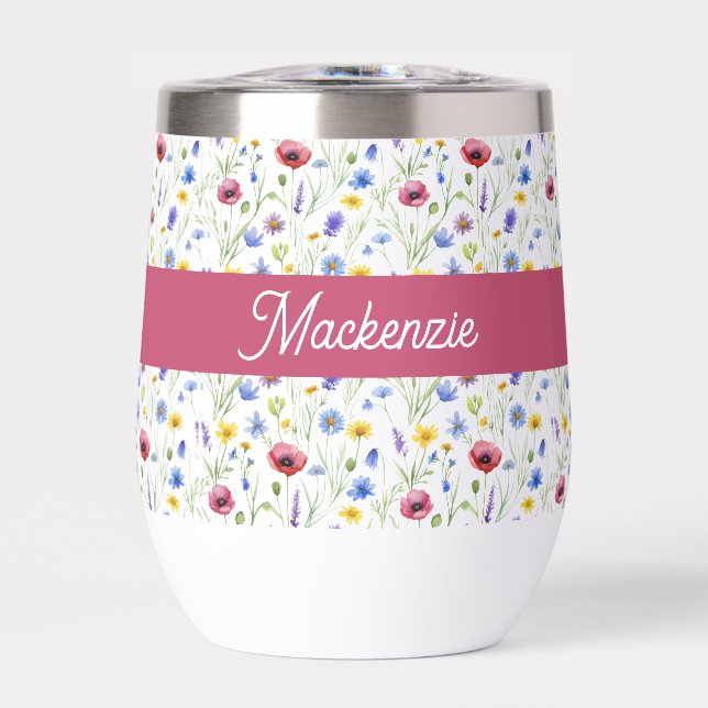 Blue Pink Wildflower Watercolor Monogram Name  Thermal Wine Tumbler (Front)