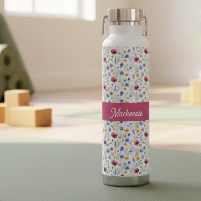 Blue Pink Wildflower Watercolor Monogram Name  Water Bottle (Creator Uploaded)