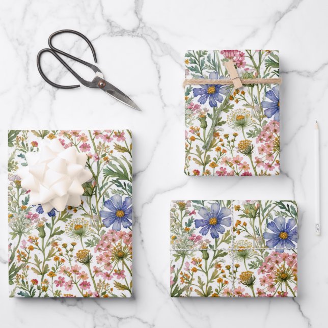 Blue Pink Wildflowers Birthday Bridal Baby Shower Wrapping Paper Sheets (Front)