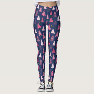 Blue & Pink Winter Forest Christmas Tree Pattern Leggings
