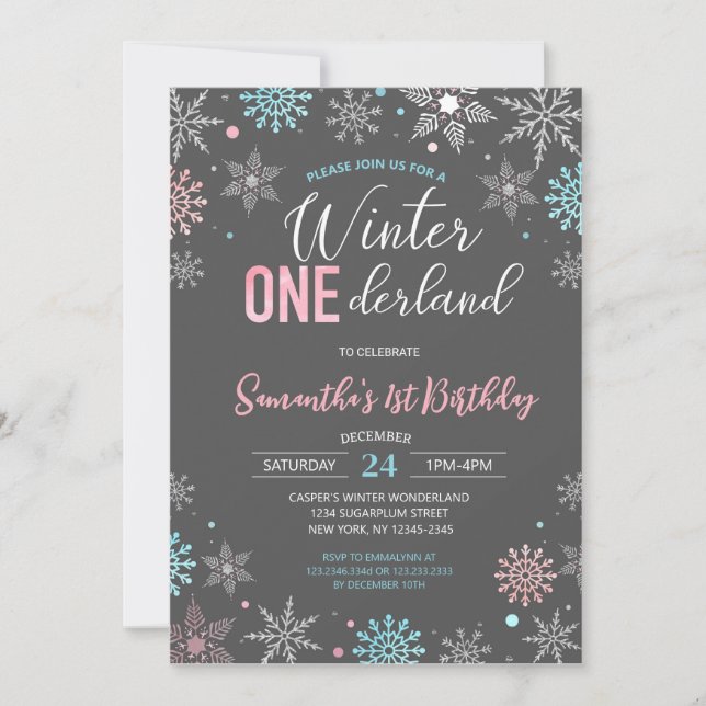 Blue Pink Winter Onederland Snowflake 1st Birthday Invitation (Front)