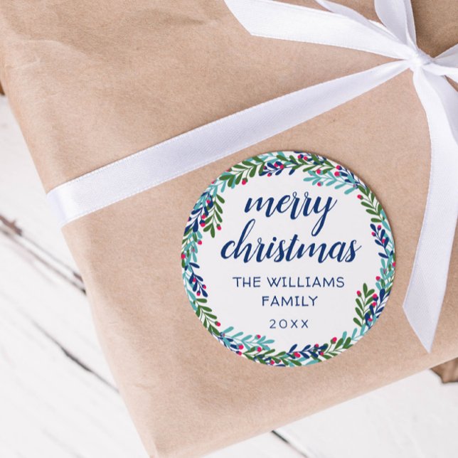 Blue & Pink Wreath Merry Christmas Classic Round Sticker (Creator Uploaded)