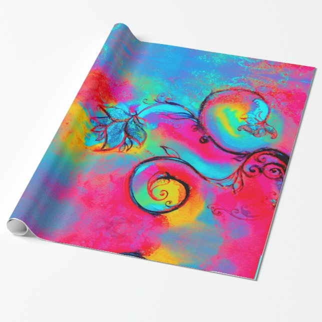 BLUE PINK YELLLOW WHIMSICAL FLOWERS Fantasy Floral Wrapping Paper (Unrolled)
