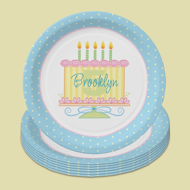 Blue Pink Yellow 5th Birthday Name Cake Paper Plates (Creator Uploaded)