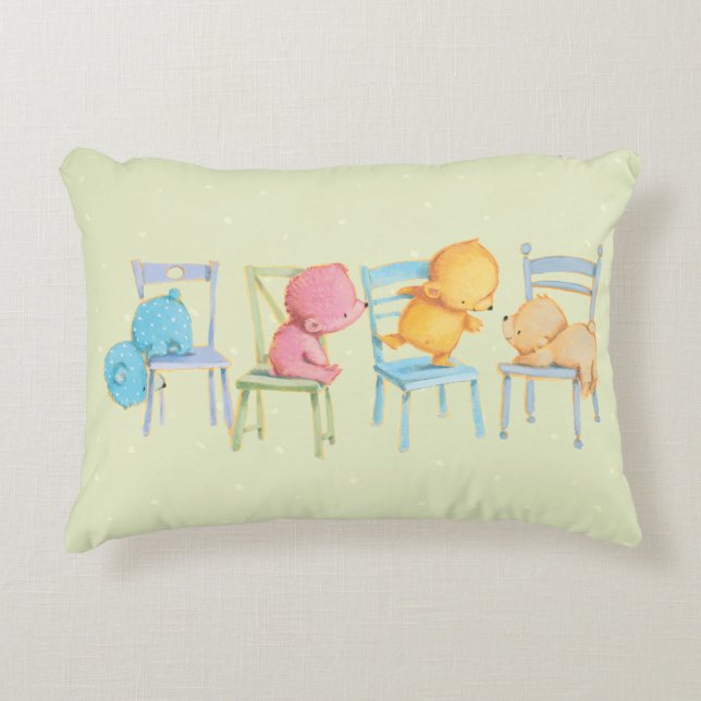 Blue, Pink, Yellow, and Brown Bears Play Decorative Pillow (Front)