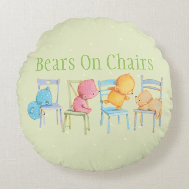 Blue, Pink, Yellow, and Brown Bears Play Round Pillow (Front)