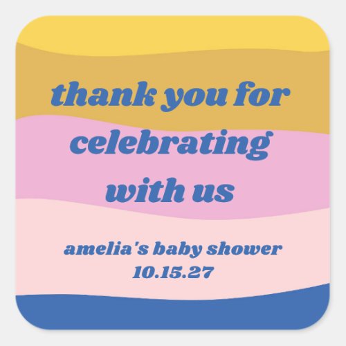 Blue Pink Yellow Custom Cute Baby Shower Thank You Square Sticker