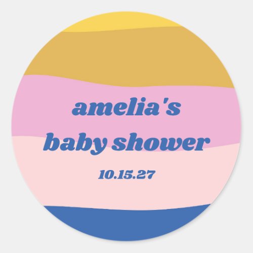 Blue Pink Yellow Cute Playful Custom Baby Shower Classic Round Sticker