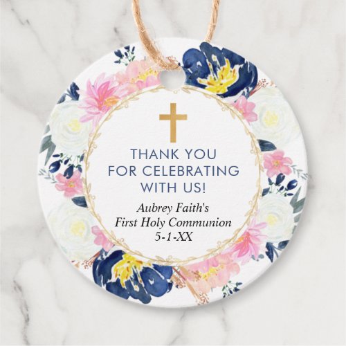Blue pink yellow floral first communion baptism favor tags