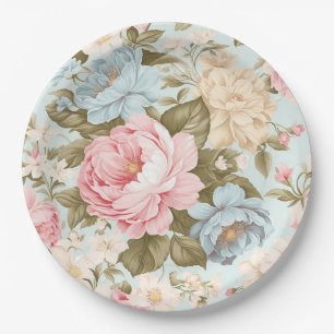 Blue Pink Yellow Floral Paper Plate
