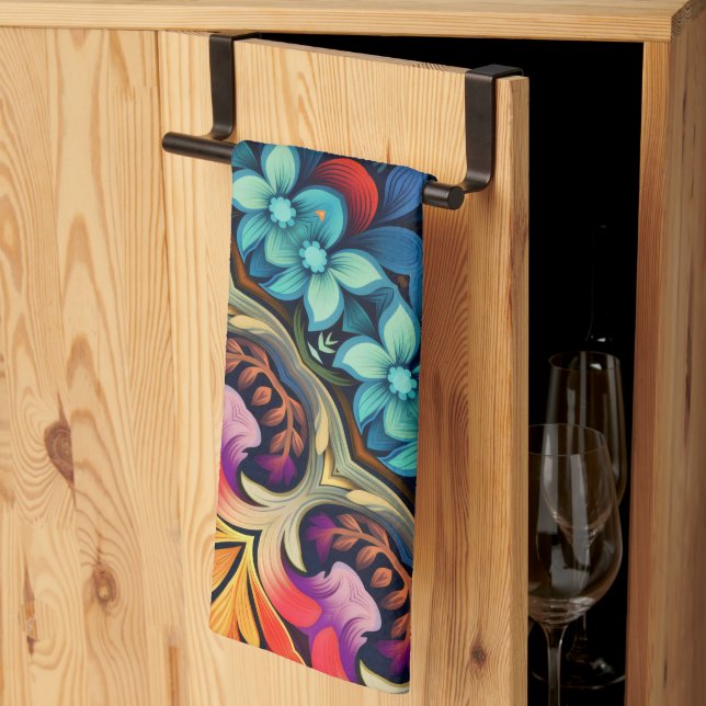 blue pink yellow Flowers Kitchen Towel (Thirds Fold)