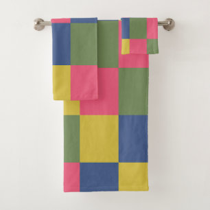 Blue Pink Yellow Green Checkerboard Bath Towel Set