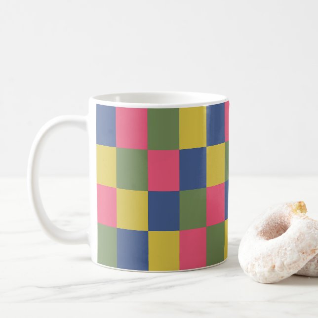 Blue Pink Yellow Green Checkerboard Coffee Mug (With Donut)