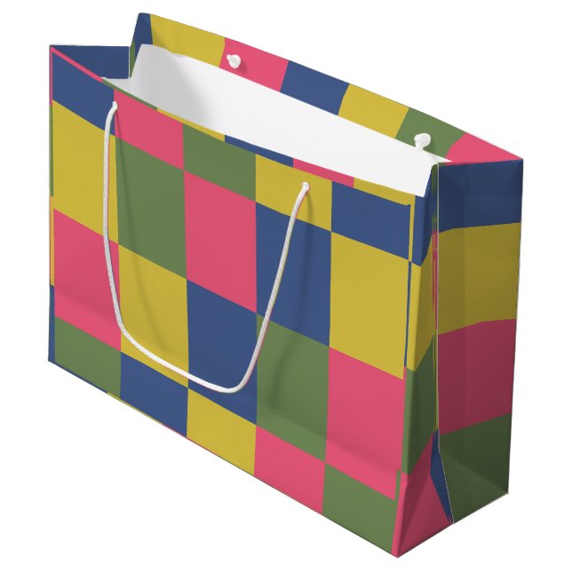 Blue Pink Yellow Green Checkerboard Large Gift Bag (Front Angled)