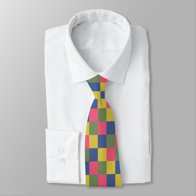 Blue Pink Yellow Green Checkerboard Neck Tie (Tied)