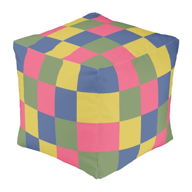 Blue Pink Yellow Green Checkerboard Pouf (Angled Front)