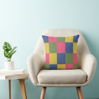 Blue Pink Yellow Green Checkerboard Throw Pillow