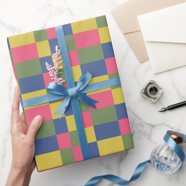 Blue Pink Yellow Green Checkerboard Wrapping Paper (Gifting)