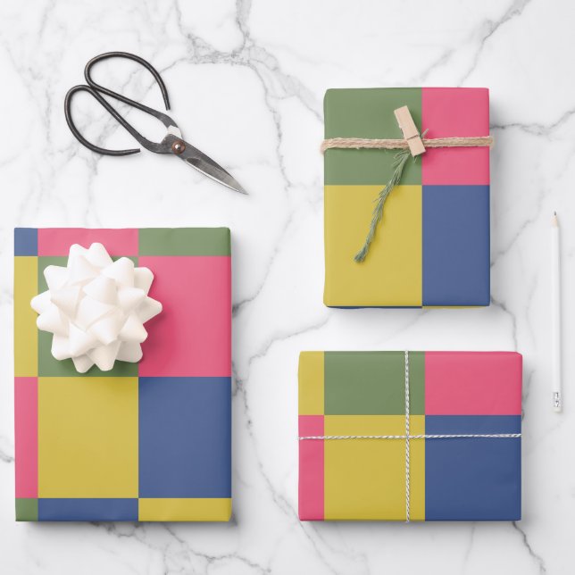 Blue Pink Yellow Green Checkerboard Wrapping Paper Sheets (Front)