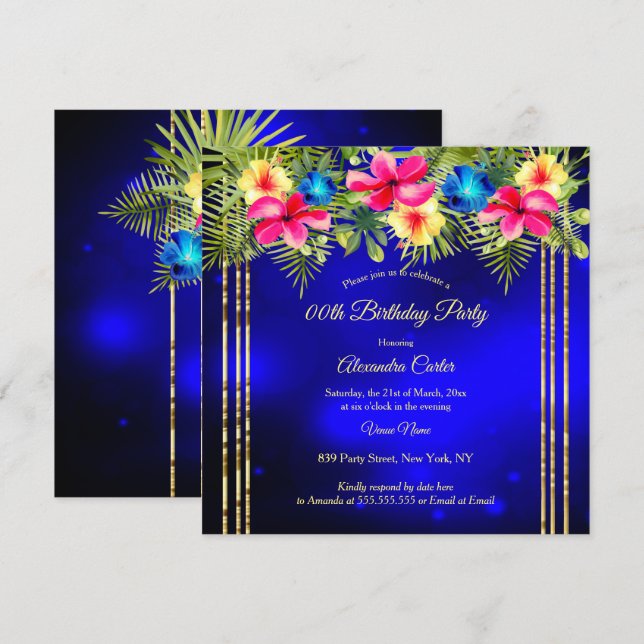Blue Pink yellow Hibiscus Tropical Floral Party Invitation (Front/Back)