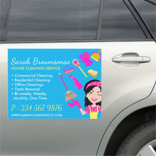 Blue Pink Yellow Lady Cleaning Maid Services Car Magnet