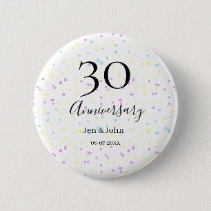 Blue pink yellow polka dots 30th anniversary name button
