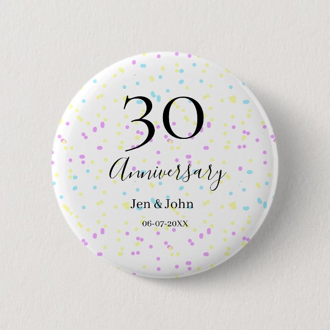 Blue pink yellow polka dots 30th anniversary name  button (Front)