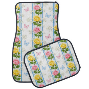 Blue Pink & Yellow Roses Stripe Floor Car Mats