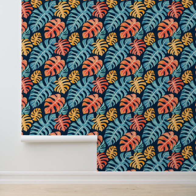 Blue Pink Yellow Summer Tropical Palm Leaves Wallpaper (Application)