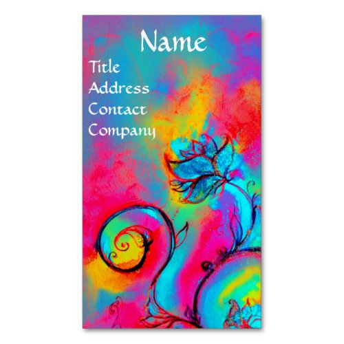 BLUE PINK YELLOW WHIMSICAL FLOWERS MAGNETIC BUSINESS CARD