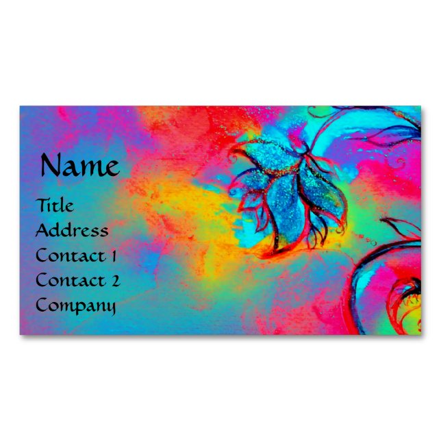 BLUE PINK YELLOW WHIMSICAL FLOWERS MAGNETIC BUSINESS CARD (Front)