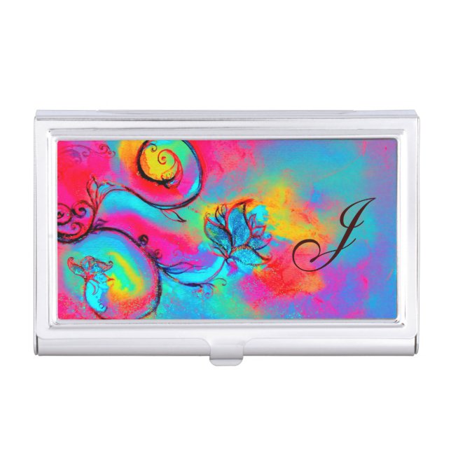 BLUE PINK YELLOW WHIMSICAL FLOWERS MONOGRAM BUSINESS CARD HOLDER (Front)