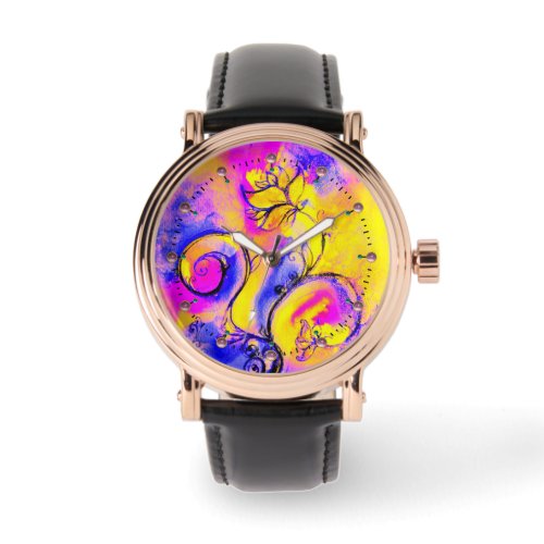 BLUE PINK YELLOW WHIMSICAL FLOWERS WATCH