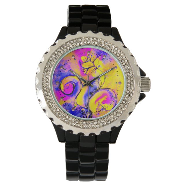 BLUE PINK YELLOW WHIMSICAL FLOWERS WATCH (Front)