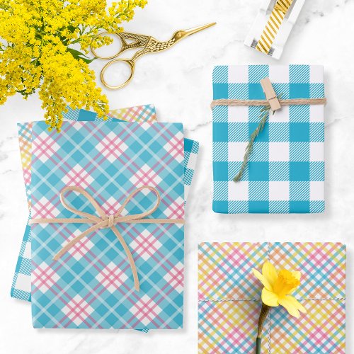 Blue Pink Yellow White Plaid  Wrapping Paper Sheets