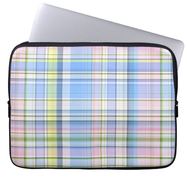 Blue Pink Yellow Wht Preppy Madras Laptop Sleeve (Front)