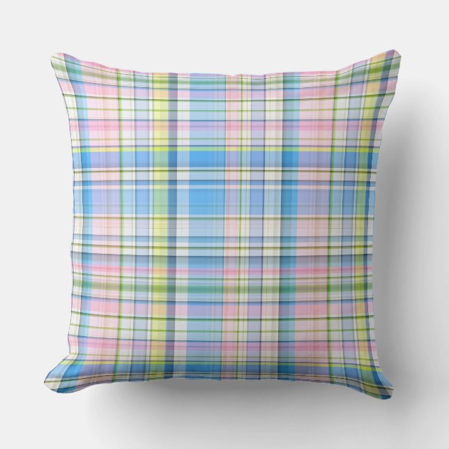 Blue Pink Yellow Wht Preppy Madras Throw Pillow (Front)