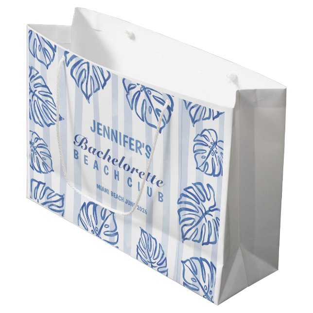 Blue pinstrip BACHELORETTE Whimsical Beach Large Gift Bag (Front Angled)