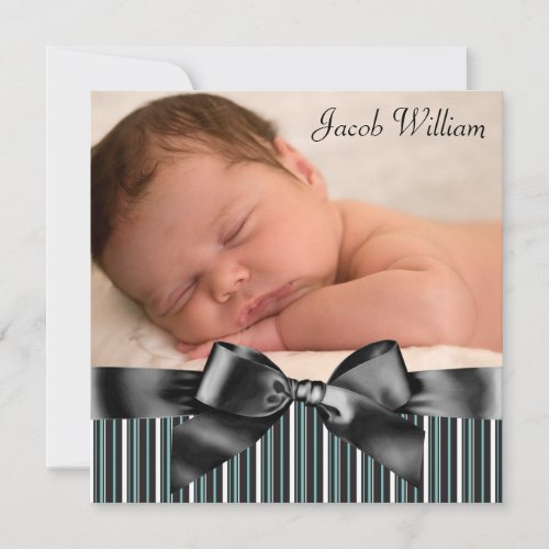 Blue Pinstripe Baby Boy Photo Birth Announcement