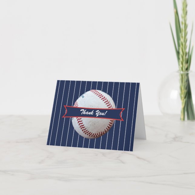 Blue Pinstripe Baseball Birthday Thank You Card (Front)