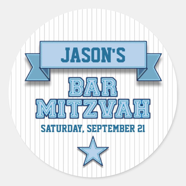Blue Pinstripe Sport Tackle Twill Bar Mitzvah RSVP Classic Round Sticker (Front)