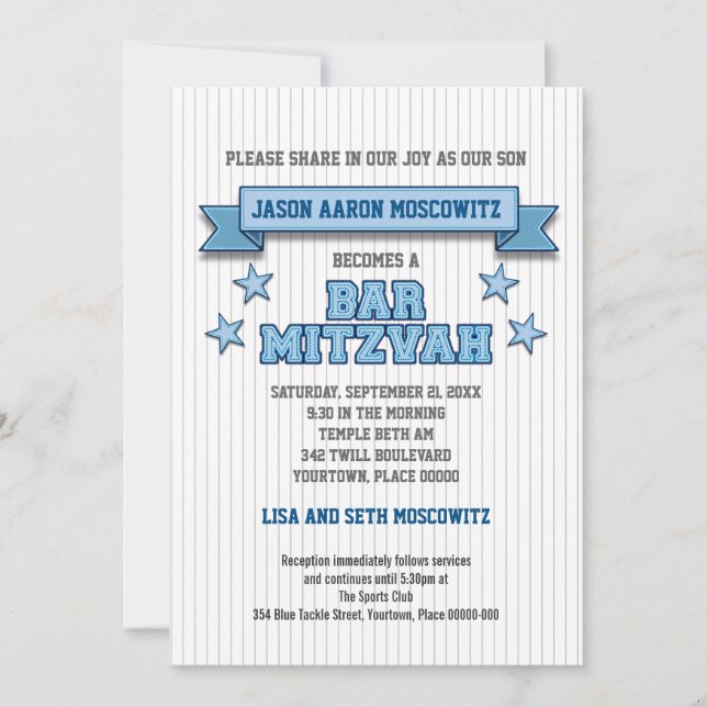 Blue Pinstripe Sports Tackle Twill Bar Mitzvah Invitation (Front)