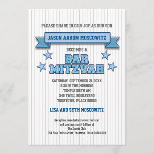 Blue Pinstripe Sports Tackle Twill Bar Mitzvah Invitation