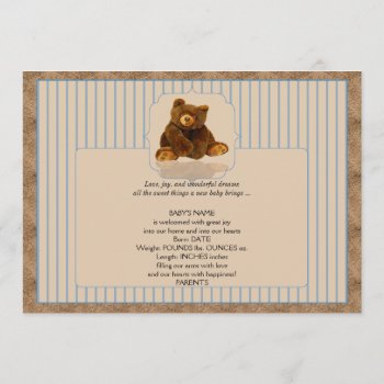 Blue Pinstripe Teddy Bear Baby Announcement by NoteableExpressions at Zazzle