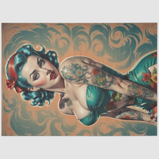 Blue Pinup Decoupage Paper | Rice Paper | Tissue  (Front)